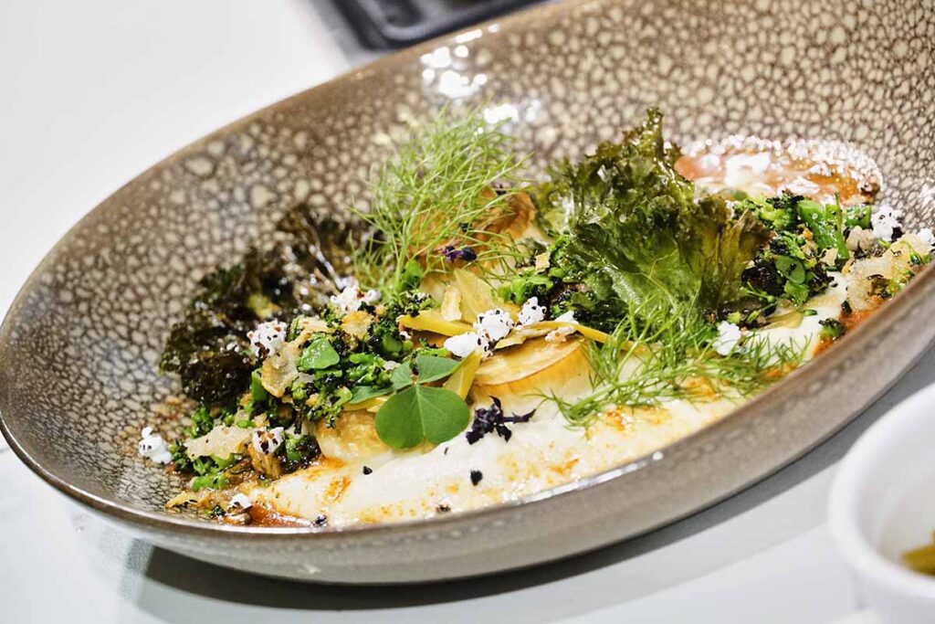 Chris Erasmus_CoconutCape Town gets a glimpse 1 Roasted Mushroom Stems, Cauliflower Spuma & Smoked Watermelon Jus_